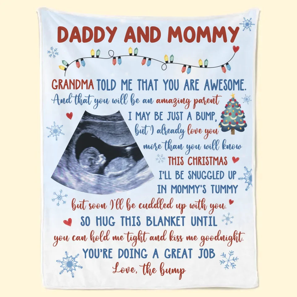Couverture personnalisée avec photo « Je serai blotti contre toi » - Couverture personnalisée pour la famille - Cadeau de fête prénatale, premier cadeau de Noël, cadeau de Noël pour la première maman