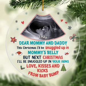 Photo personnalisée pour Noël prochain, je serai blotti dans tes bras - Décoration en verre personnalisée en forme de cercle pour la famille - Cadeau de Noël pour bébé, enfant, nouveau-né