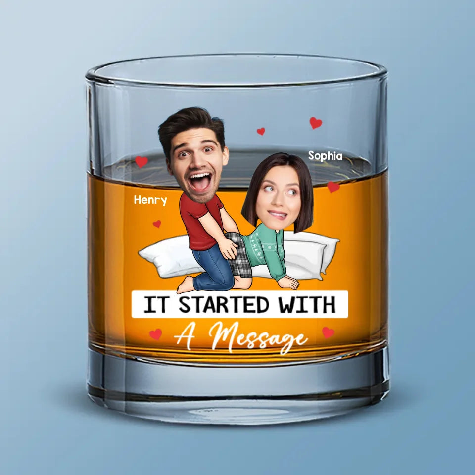 Photo personnalisée : tout a commencé par un message – Verre à whisky personnalisé pour couple – Cadeau pour mari et femme, anniversaire