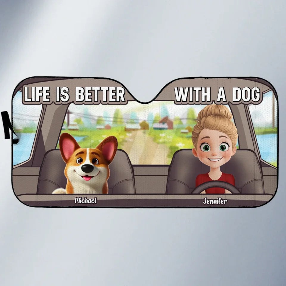 Où que notre maman à fourrure aille, nous sommes toujours là pour elle - Pare-soleil de pare-brise de voiture personnalisé pour chien, protecteur de fenêtre de voiture - Cadeau pour les propriétaires d'animaux, les amoureux des animaux