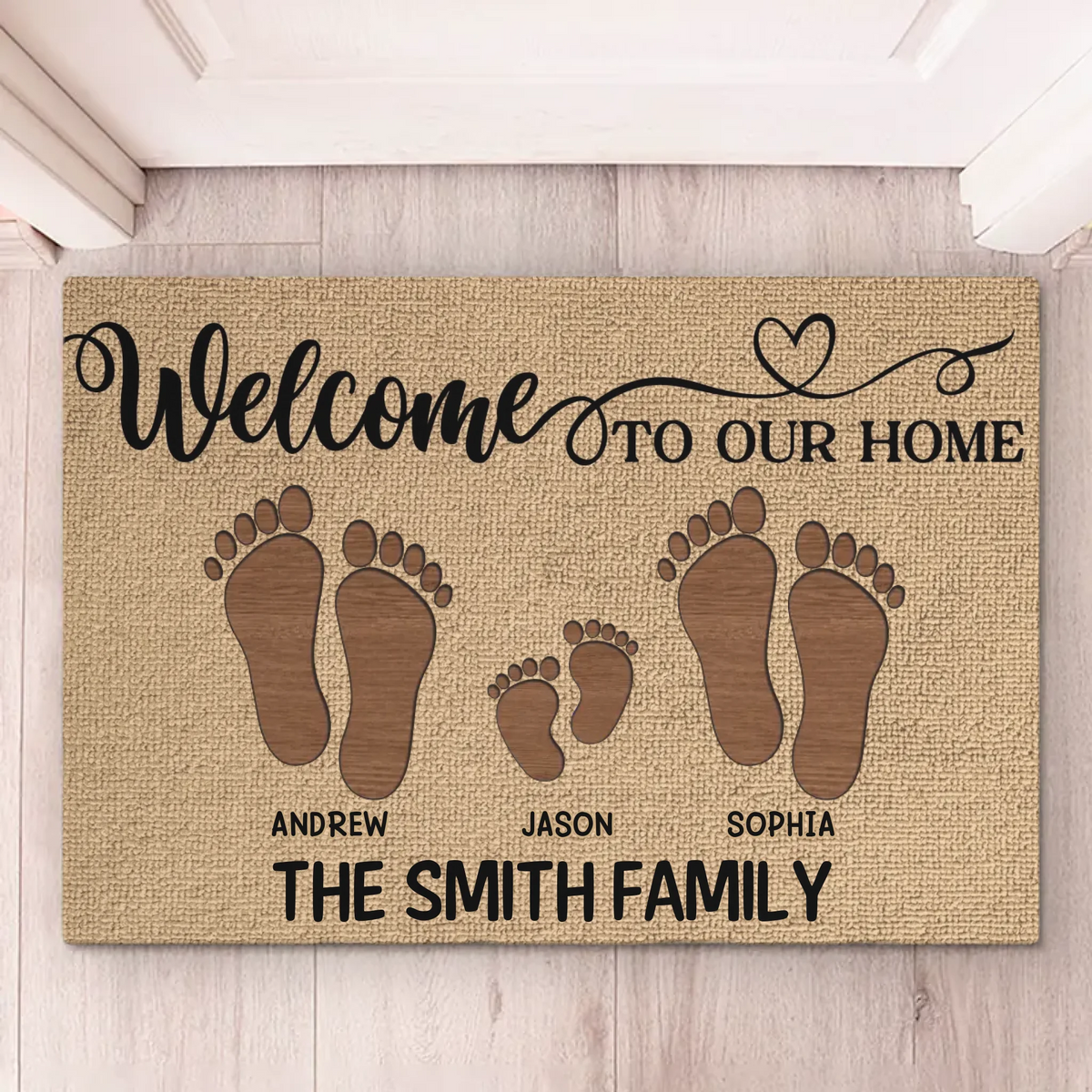 Bienvenue chez nous, là où l'amour commence - Tapis décoratif personnalisé pour la maison - Cadeau de pendaison de crémaillère pour les membres de la famille