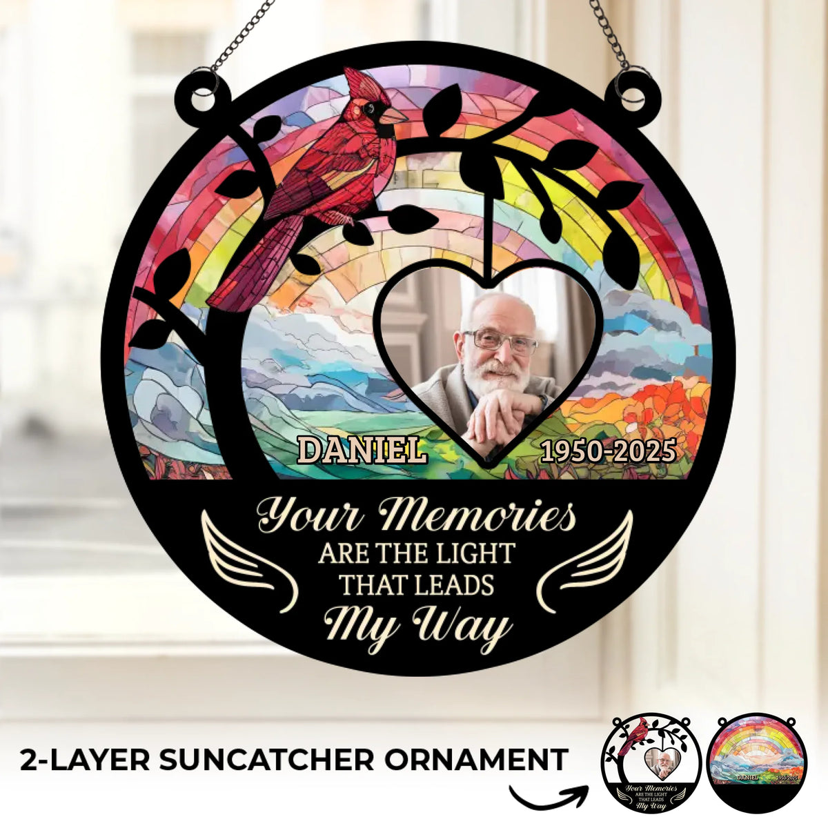 Photo personnalisée Vos souvenirs sont la lumière - Ornement attrape-soleil personnalisé à suspendre à une fenêtre - Cadeau de condoléances pour les membres de la famille