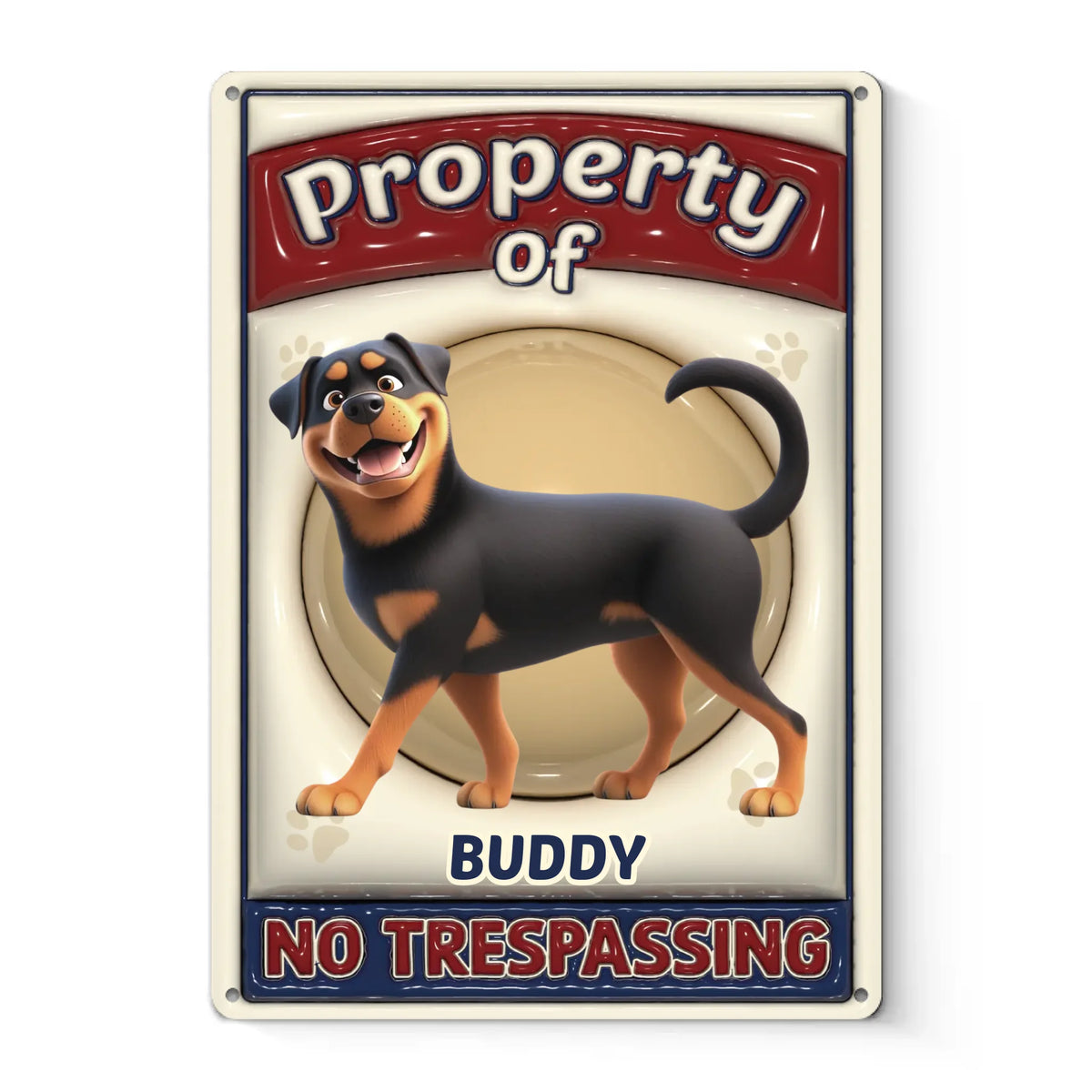 Propriété d'un chien adorable - Plaque en métal personnalisée avec effet gonflable 3D - Cadeau de pendaison de crémaillère pour propriétaires et amoureux des animaux