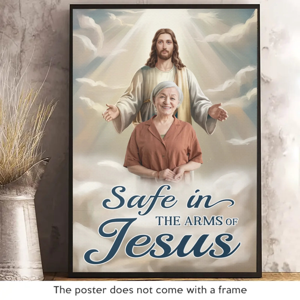 Photo personnalisée : « En sécurité dans ses bras, chéri dans mon âme » – Affiche verticale personnalisée commémorative – Cadeau de condoléances pour les membres de la famille
