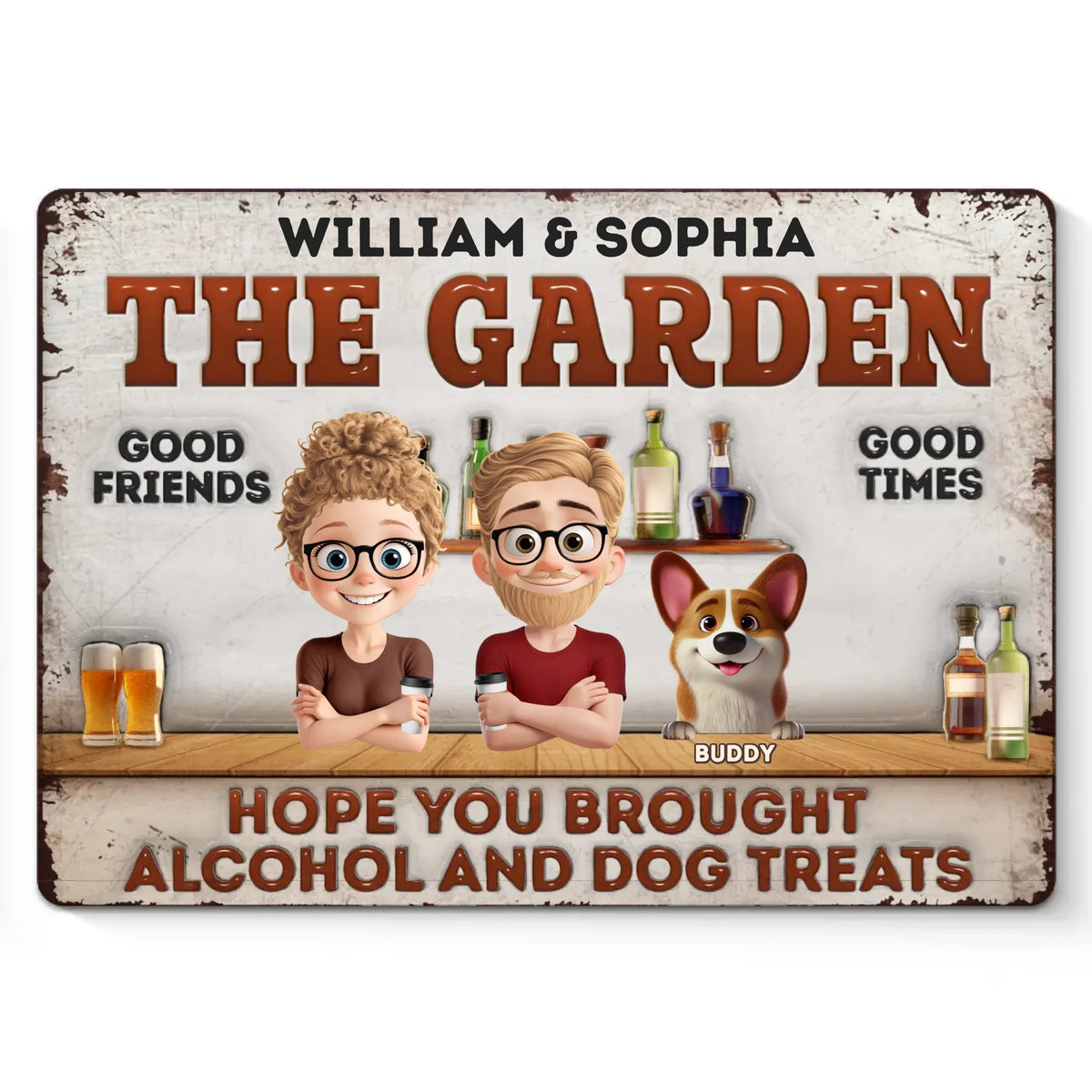 Nous avons de l'alcool, des aboiements et de mauvaises décisions - Plaque en métal personnalisée pour chien - Cadeau de pendaison de crémaillère pour les propriétaires d'animaux et les amoureux des animaux
