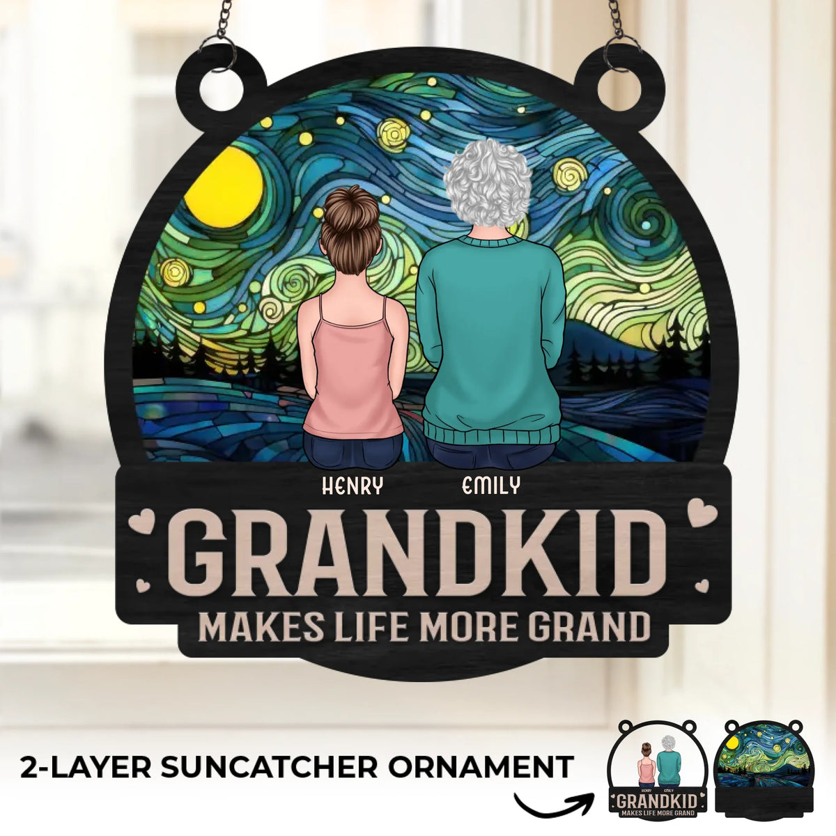 Créé avec amour et béni avec des petits-enfants - Ornement attrape-soleil personnalisé à suspendre à la fenêtre - Fête des Mères, cadeau pour maman, grand-mère