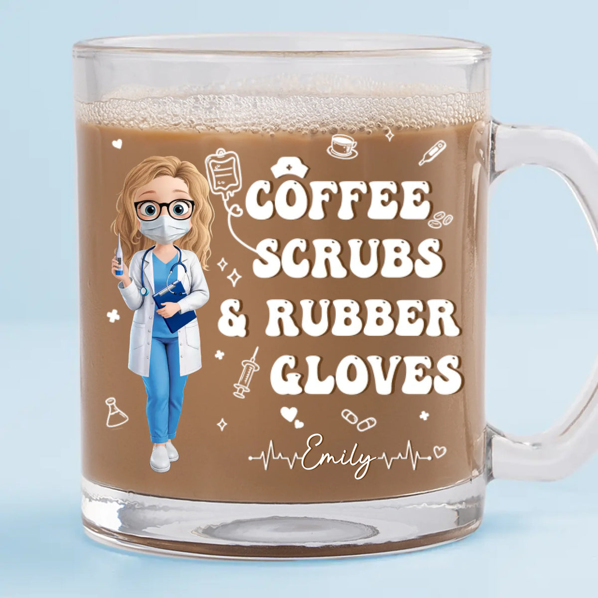 Gommages et gants en caoutchouc pour le café - Mug en verre personnalisé pour infirmière - Cadeau de remerciement, d'appréciation, de vie d'infirmière et de vie de médecin