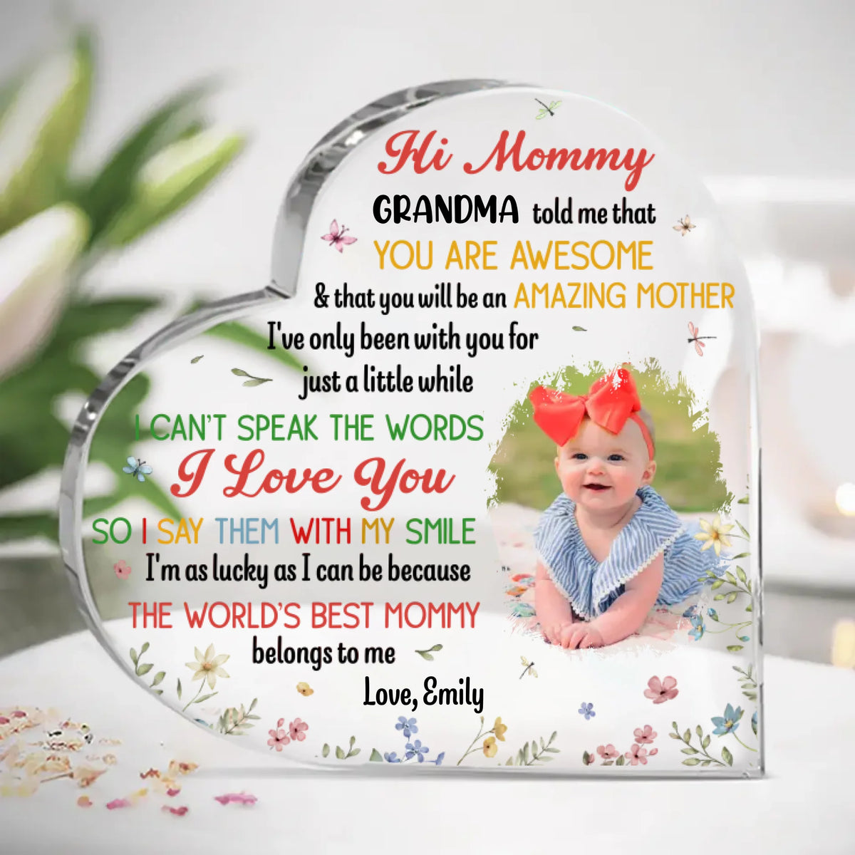 Photo personnalisée Laissez votre amour briller à travers chaque regard - Plaque acrylique personnalisée en forme de cœur pour la famille - Cadeau de fête des mères, de baby shower, pour la première maman