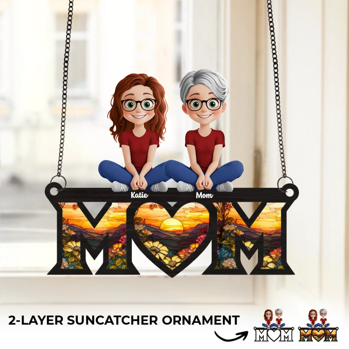 Le cœur de maman est l'endroit le plus chaleureux - Ornement attrape-soleil personnalisé à suspendre à la fenêtre - Fête des Mères, cadeau pour maman, grand-mère