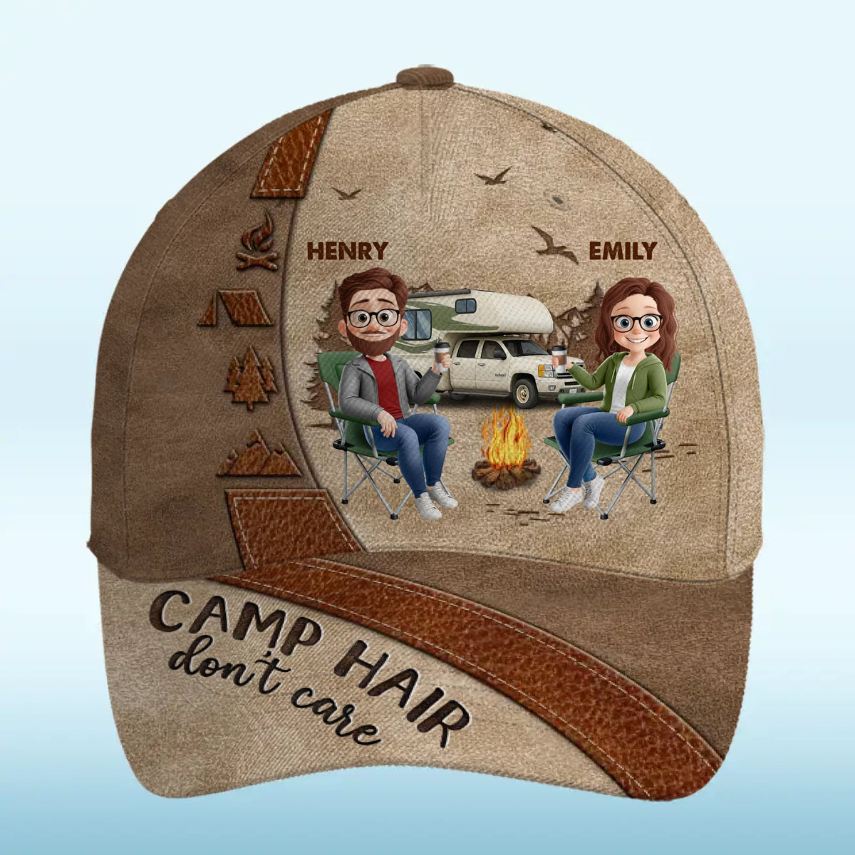 Le bonheur, c'est une tente et une bonne compagnie - Casquette de camping personnalisée, imprimé intégral, cadeau pour les amateurs de camping