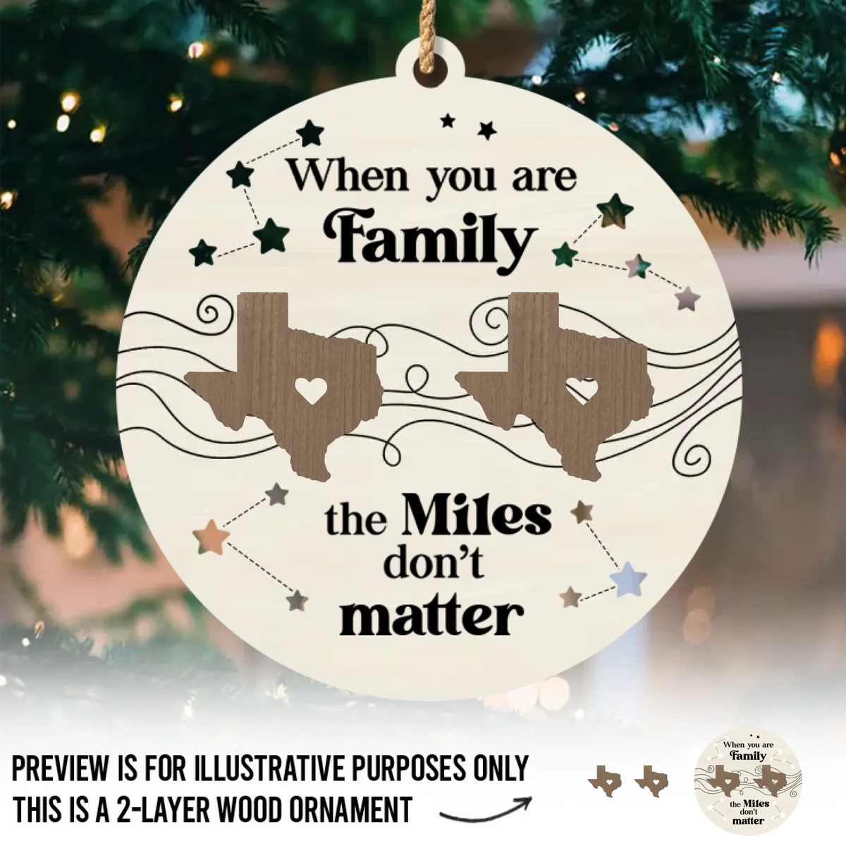 Nous serons toujours connectés par le cœur - Décoration de Noël en bois personnalisée à 2 couches - Cadeau de Noël pour les membres de la famille