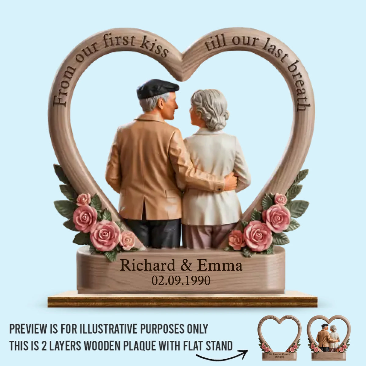 De notre premier baiser jusqu'à notre dernier souffle - Plaque en bois personnalisée à 2 couches avec support plat - Cadeau de pendaison de crémaillère pour mari et femme, anniversaire