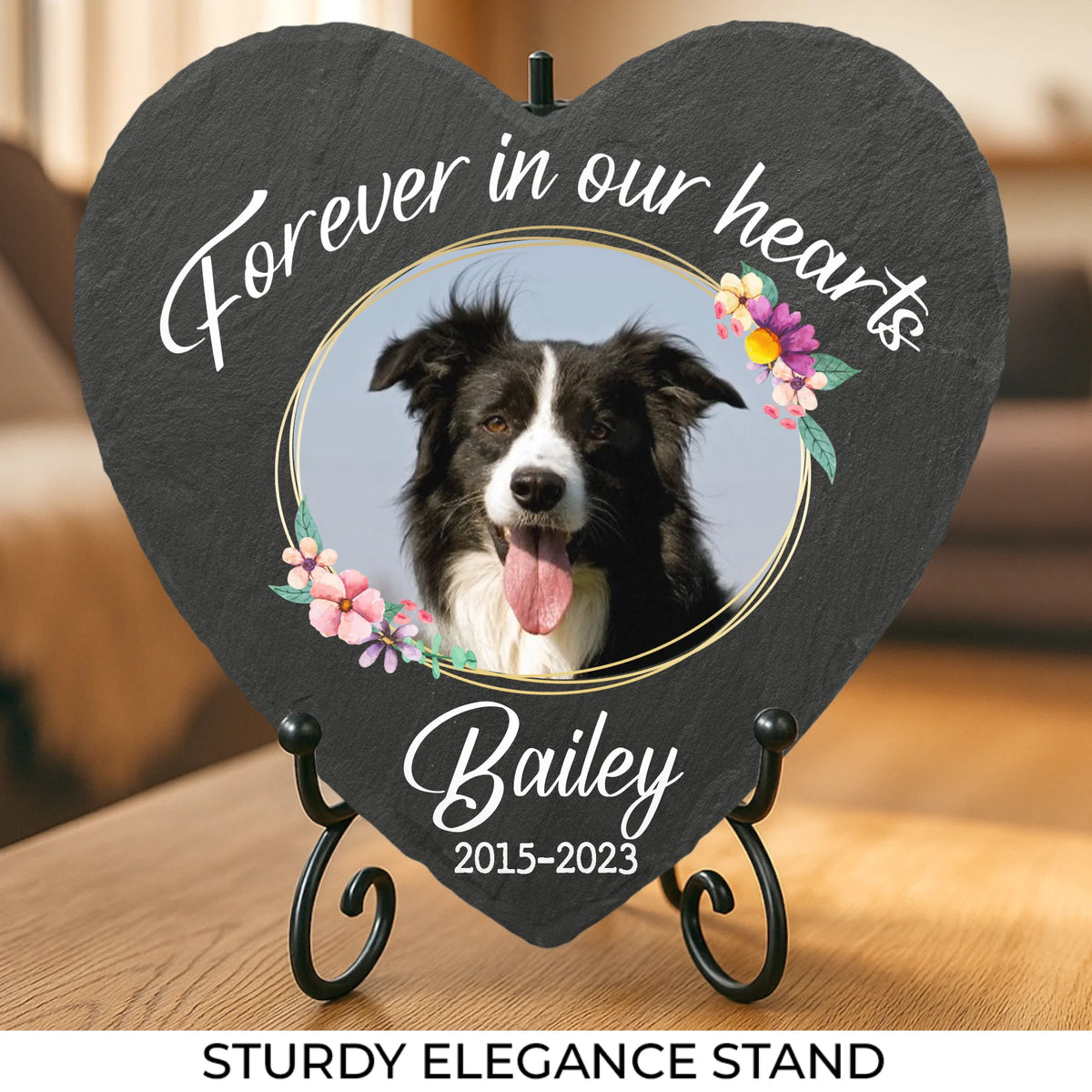 Photo personnalisée pour toujours dans nos cœurs AMZ - Pierre commémorative personnalisée en forme de cœur - Nouveauté, cadeau de condoléances pour les propriétaires d'animaux et les amoureux des animaux