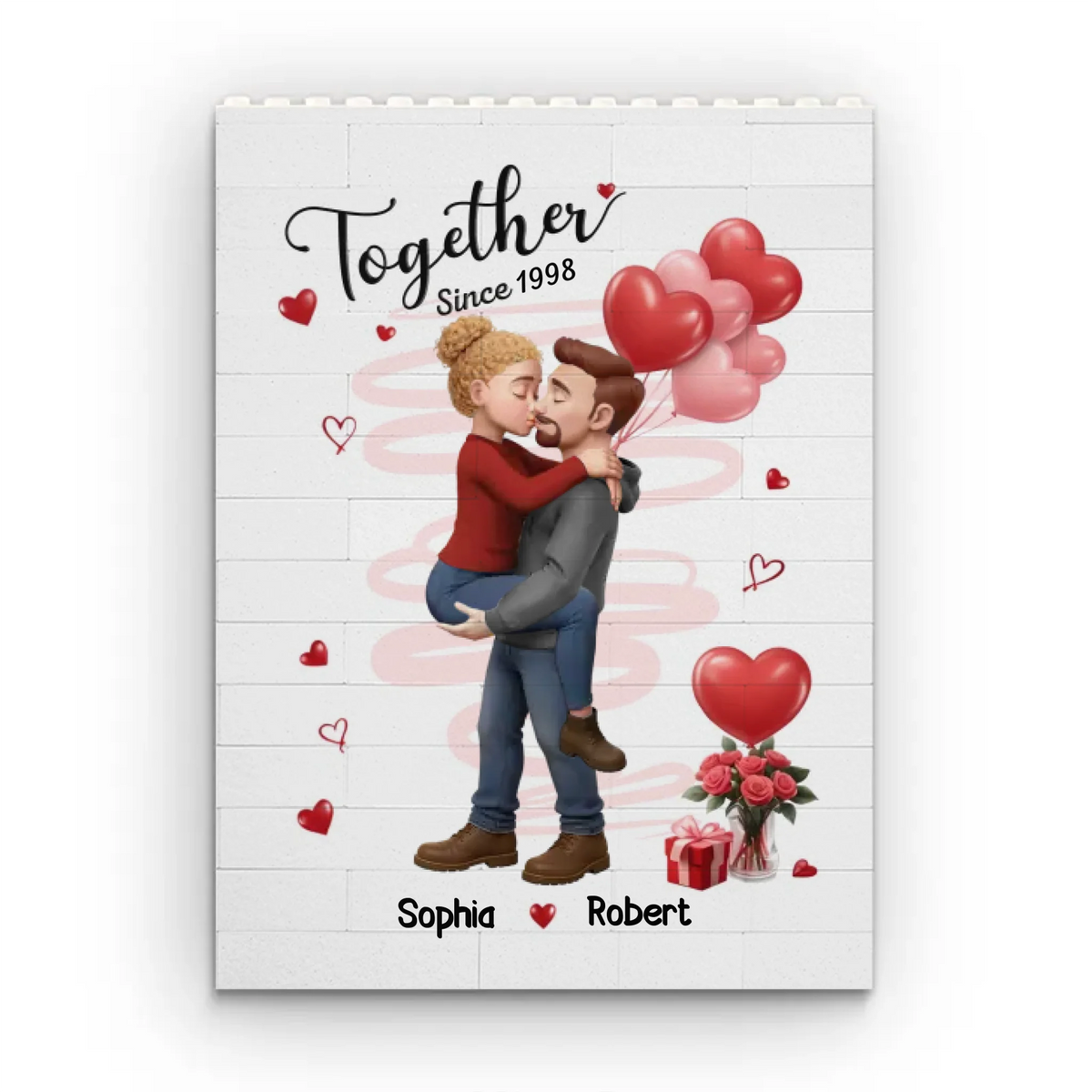 Custom Romantic Kissing Couple Vertical Rectangle Shaped Building Brick Blocks - Personalized Anniversary Wedding Gifts For Husband And Wife, Him And Her - Love In Every Piece