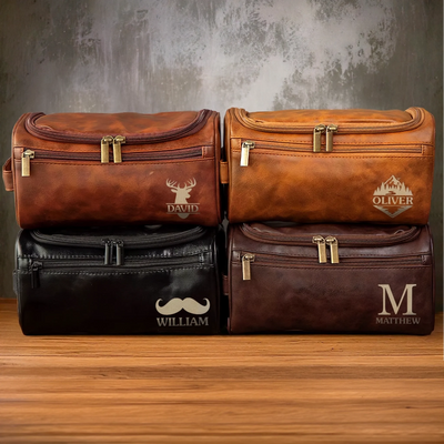 Custom Engraved Leather Toiletry Bag - Personalized Birthday Gifts For Dad, Brother, Grandpa, Husband - For The Man Who’s Always On The Move