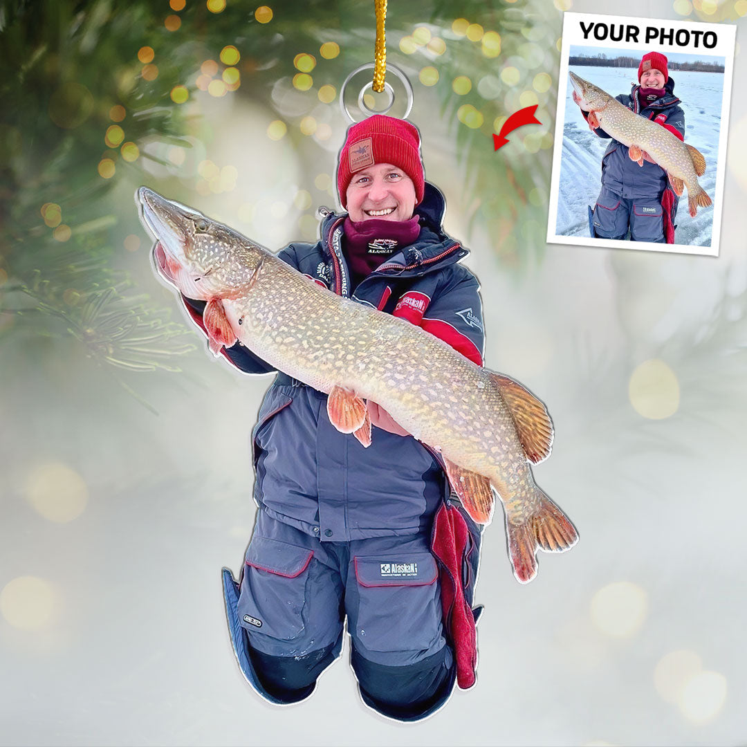 Photo personnalisée de pêcheur - Ornement personnalisé de pêche - Forme personnalisée en acrylique - Cadeau de Noël pour les amateurs de pêche
