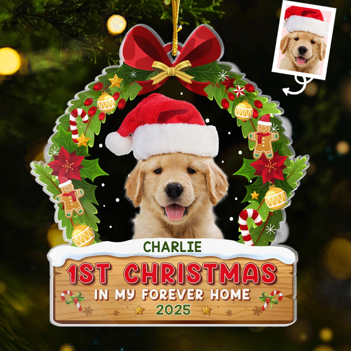 Photo personnalisée Premier Noël dans ma maison pour toujours - Ornement personnalisé pour chien et chat - Forme personnalisée en acrylique - Cadeau de Noël pour propriétaires d'animaux et amoureux des animaux
