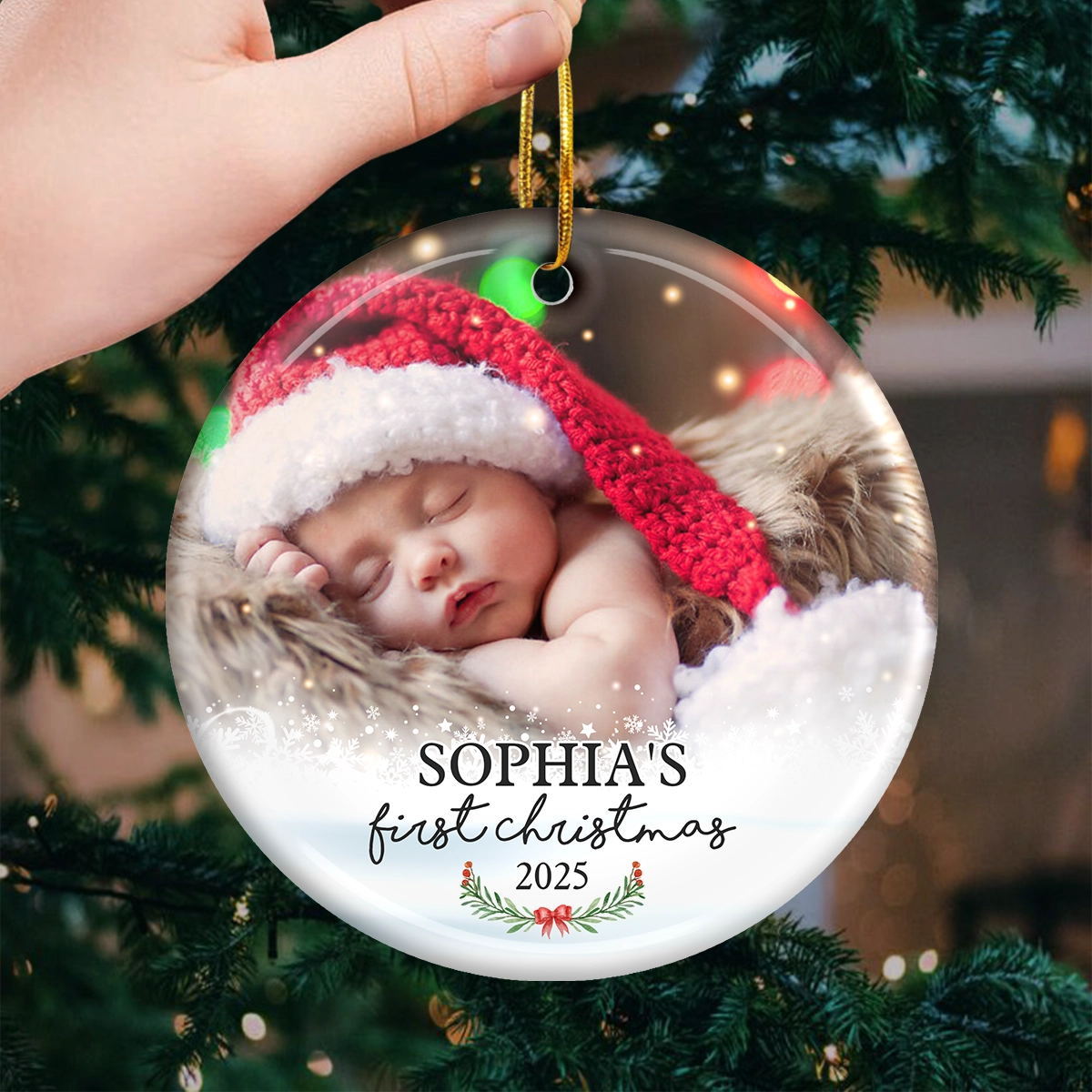 Premier Noël - Décoration de Noël ronde personnalisée en céramique avec photo - Télécharger une image, cadeau pour la famille, cadeau de Noël