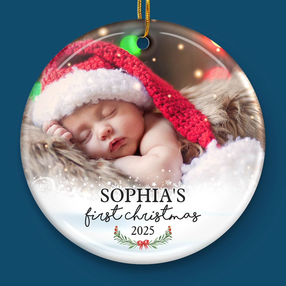 Premier Noël - Décoration de Noël ronde personnalisée en céramique avec photo - Télécharger une image, cadeau pour la famille, cadeau de Noël
