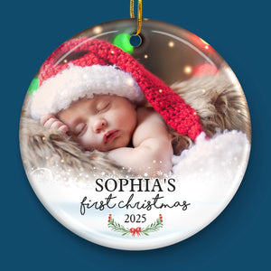 Premier Noël - Décoration de Noël ronde personnalisée en céramique avec photo - Télécharger une image, cadeau pour la famille, cadeau de Noël