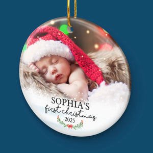 Premier Noël - Décoration de Noël ronde personnalisée en céramique avec photo - Télécharger une image, cadeau pour la famille, cadeau de Noël