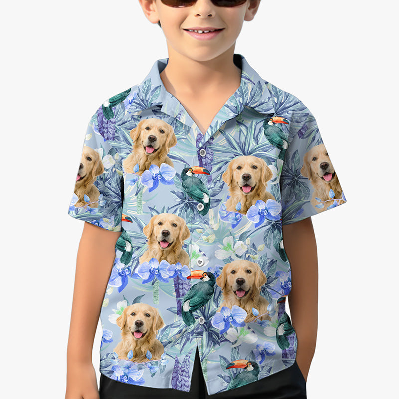 T-shirt hawaïen unisexe personnalisé avec photo d'oiseau tropical et de fleur pour enfant, chien et chat, style tropical, idéal pour les vacances d'été ou les anniversaires.