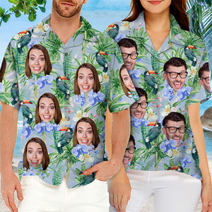 Motif de fleur d'oiseau tropical personnalisé - Chemise hawaïenne unisexe personnalisée pour couple - Cadeau de vacances d'été, cadeau pour mari et femme