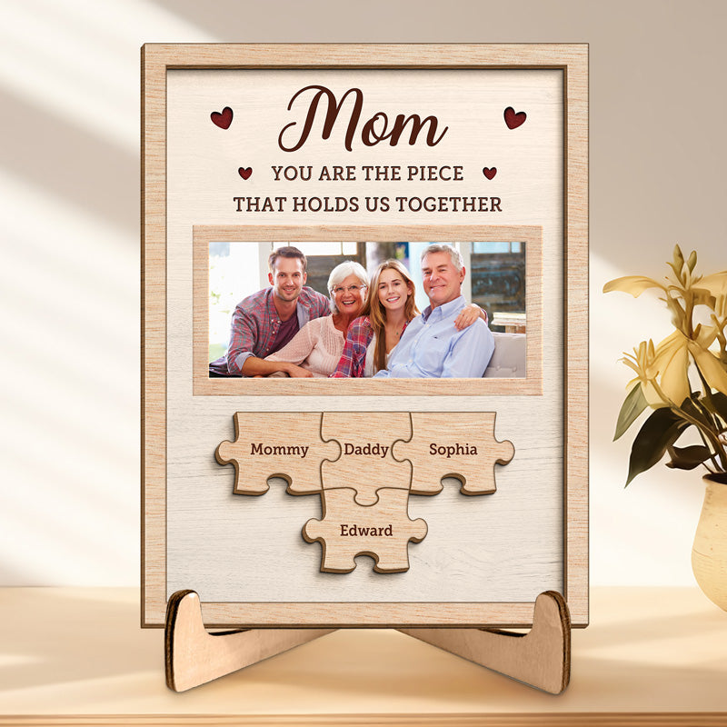 Photo personnalisée « Vous nous unissez » – Plaque en bois personnalisée à 2 couches avec support pour famille – Cadeau de pendaison de crémaillère pour maman