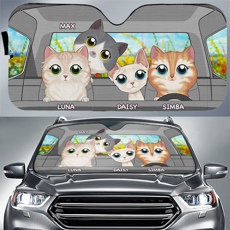 Partons en road trip ! Pare-soleil personnalisé pour pare-brise de voiture, protection de vitre de voiture, motif chat ! Cadeau pour les propriétaires et les amoureux des animaux.