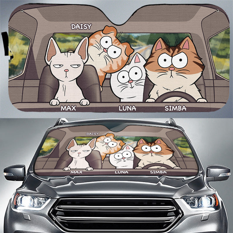 Pare-soleil personnalisé pour pare-brise de voiture, protection de fenêtre de voiture – Cadeaux d'anniversaire personnalisés pour les amoureux des chiens et des chats, les papas et les mamans de chiens, et les propriétaires de chats – Cat's Trip