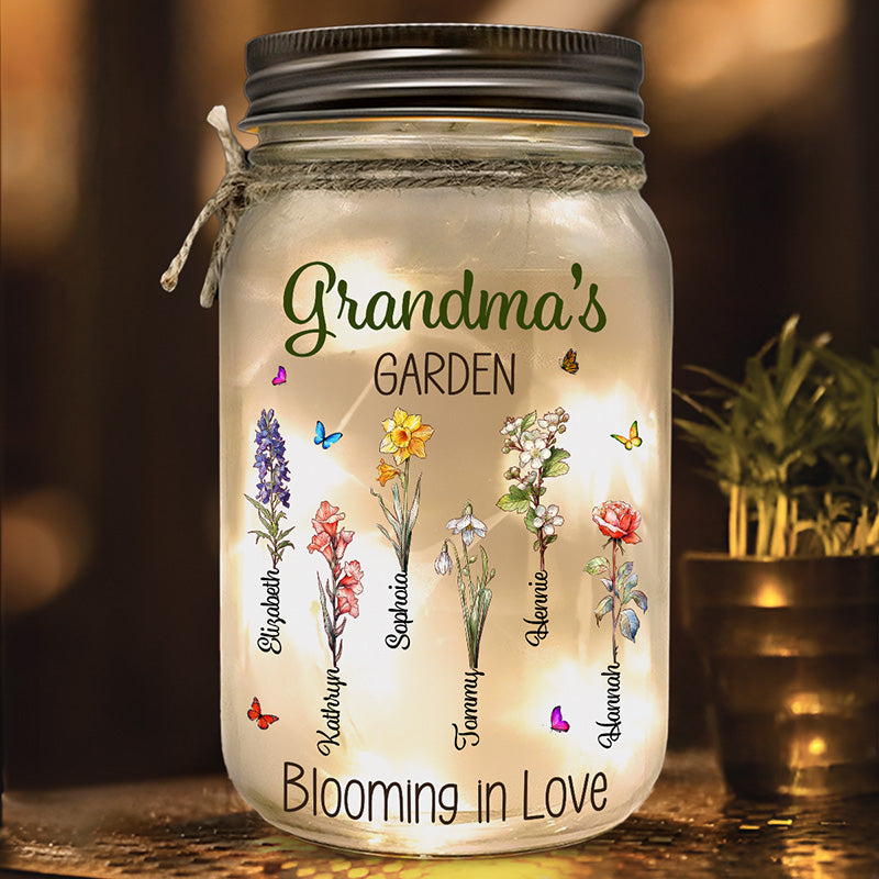Le jardin de grand-mère est cultivé avec des graines d'amour - Lampe personnalisée en pot Mason pour la famille - Cadeau pour grand-mère