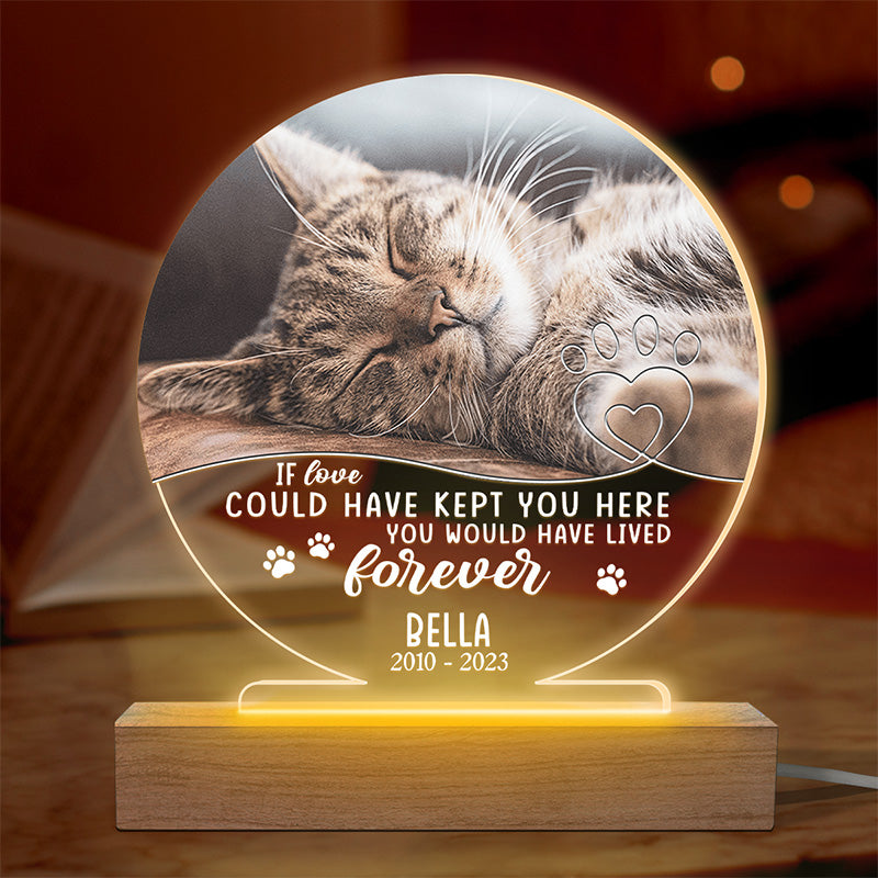 Photo personnalisée « Si l'amour avait pu vous garder ici » - Lampe LED 3D ronde personnalisée commémorative - Cadeau de condoléances pour les propriétaires et les amoureux des animaux