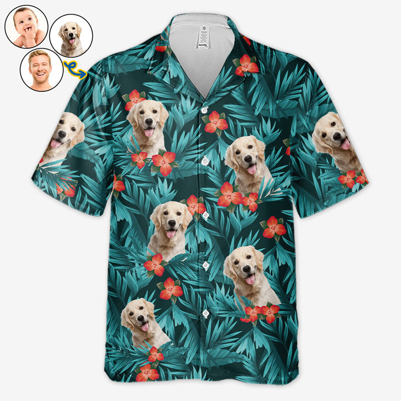 Motif de fleurs et feuilles tropicales colorées - T-shirt hawaïen unisexe personnalisé pour chien et chat - Télécharger une image, visage de chien, visage de chat - Cadeau vacances d'été, cadeau pour propriétaires d'animaux, amoureux des animaux