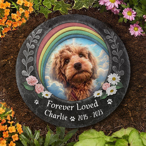 Photo personnalisée « Forever Loved » - Pierre commémorative ronde personnalisée avec support - Cadeau de condoléances pour les propriétaires et les amoureux des animaux