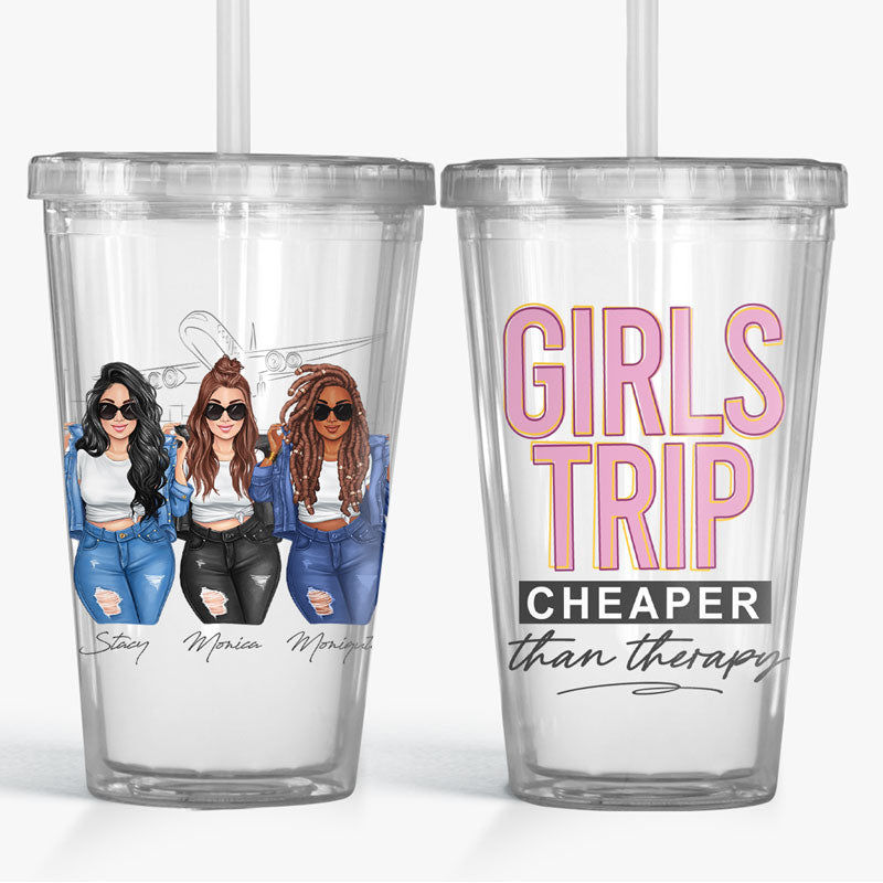 Un voyage entre filles moins cher qu'une thérapie - Gobelet en acrylique transparent personnalisé pour meilleure amie - Cadeau pour meilleures amies, meilleures amies, sœurs