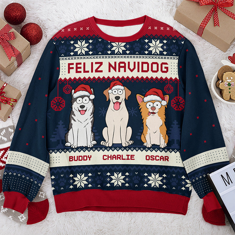 Feliz Navidog - Sweat-shirt personnalisé pour chien - Pull unisexe en laine - Cadeau de Noël pour propriétaires et amoureux des animaux