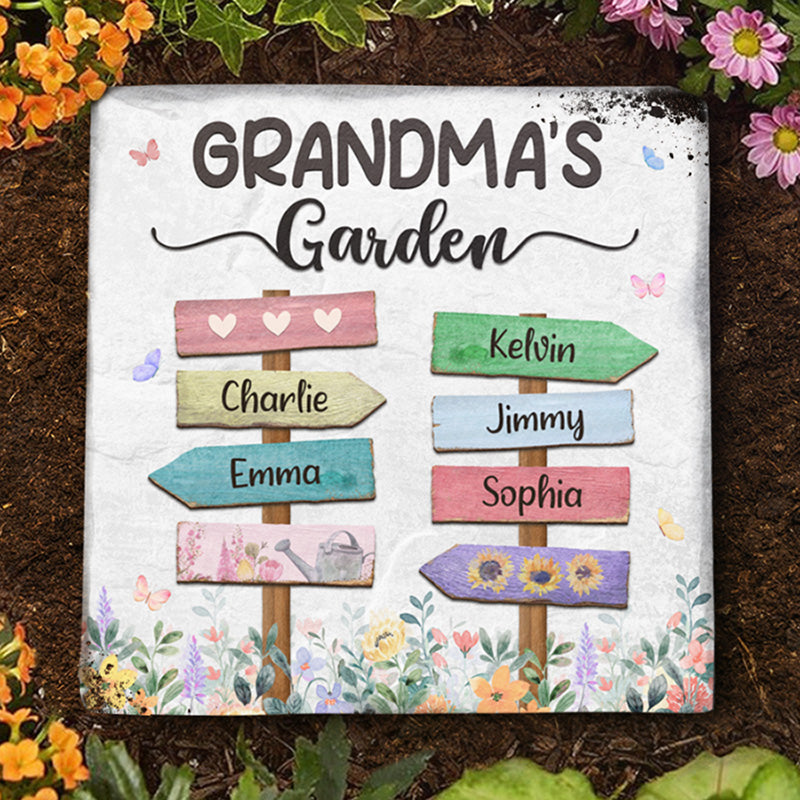 Bienvenue dans notre jardin familial - Pierre carrée personnalisée avec support - Cadeau pour les membres de la famille
