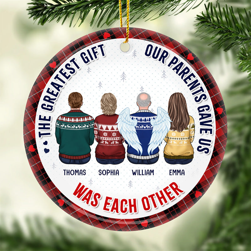 Le plus beau cadeau de la vie, c'est la famille ! Ornement commémoratif personnalisé en céramique de forme ronde. Cadeau de Noël, cadeau de condoléances pour les membres de la famille.