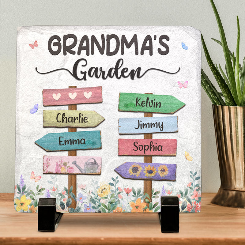 Bienvenue dans notre jardin familial - Pierre carrée personnalisée avec support - Cadeau pour les membres de la famille
