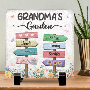Bienvenue dans notre jardin familial - Pierre carrée personnalisée avec support - Cadeau pour les membres de la famille