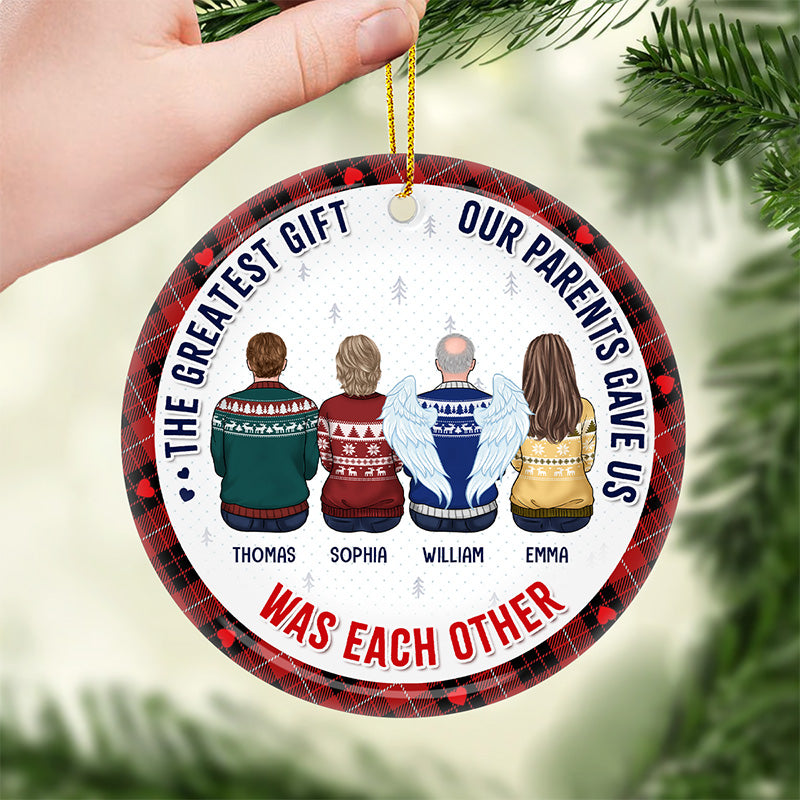 Le plus beau cadeau de la vie, c'est la famille ! Ornement commémoratif personnalisé en céramique de forme ronde. Cadeau de Noël, cadeau de condoléances pour les membres de la famille.