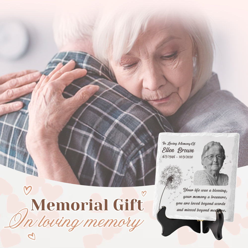 Photo personnalisée « Votre vie a été une bénédiction » - Plaque commémorative personnalisée en céramique de forme carrée avec support - Cadeau de condoléances, cadeau pour les membres de la famille