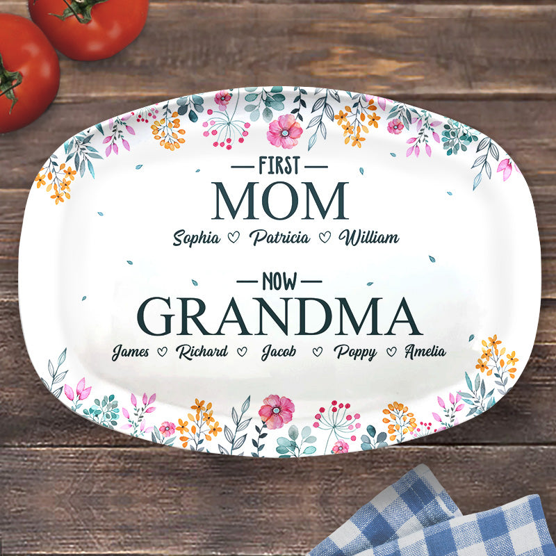 D'abord maman, maintenant grand-mère - Plateau personnalisé familial - Cadeau d'anniversaire pour grand-mère