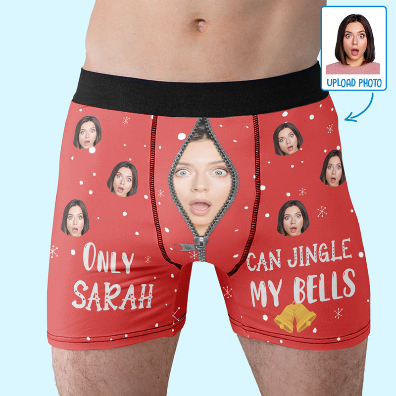 Boxer personnalisé avec photo « Jingle My Bells », je vous garantis un Noël blanc ! Boxer personnalisé amusant pour homme ! Cadeau de Noël pour petit ami, mari, anniversaire