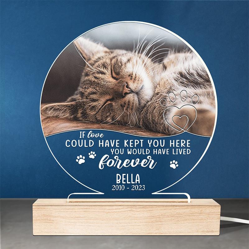 Photo personnalisée « Si l'amour avait pu vous garder ici » - Lampe LED 3D ronde personnalisée commémorative - Cadeau de condoléances pour les propriétaires et les amoureux des animaux