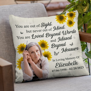 Photo personnalisée « Tu n'es jamais hors de mon esprit » - Coussin personnalisé commémoratif - Cadeau de condoléances pour les membres de la famille