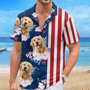 Photo personnalisée « Amoureux de mon été » - T-shirt hawaïen unisexe patriotique personnalisé pour chien et chat - Fête de l'Indépendance, 4 juillet, cadeau de vacances d'été, cadeau pour propriétaires d'animaux et amoureux des animaux