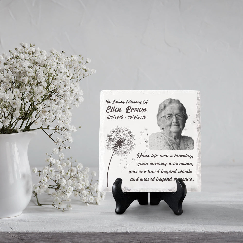Photo personnalisée « Votre vie a été une bénédiction » - Plaque commémorative personnalisée en céramique de forme carrée avec support - Cadeau de condoléances, cadeau pour les membres de la famille