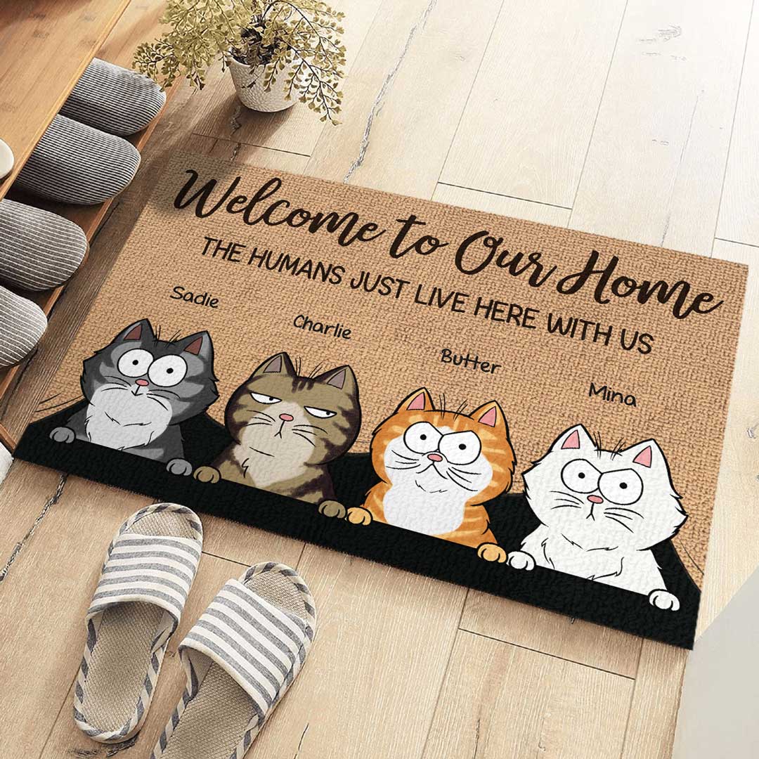 Entrez avec un cœur joyeux - Tapis décoratif personnalisé pour chat - Cadeau pour propriétaires d'animaux et amoureux des animaux