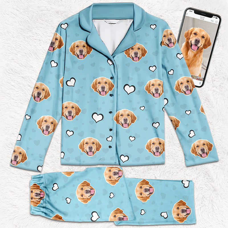 Pyjama personnalisé avec photo « L'amour est un mot à quatre pattes » - Pyjama personnalisé avec photo de visage pour chien et chat - Cadeau de Noël pour propriétaires et amoureux des animaux